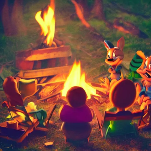 Image similar to tiny toons in real life sitting around a campfire telling stories, photographic, 3D, dark vignette, burning embers, nostalgic, muted colors, slightly drunk, candy rush