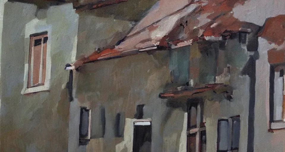 Image similar to a ladder leaning up against the side of a house, beautiful painting, oil on canvas, by ewa czarniecka, award winning masterpiece,