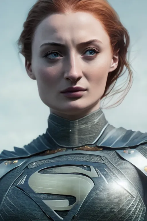 Image similar to a fancy close up of Man of Steel cast as Sophie Turner by Greg Rutkowski, Sung Choi, Mitchell Mohrhauser, Maciej Kuciara, Johnson Ting, Maxim Verehin, Peter Konig, 8k photorealistic, cinematic lighting, HD, high details, dramatic, trending on artstation, full body shot