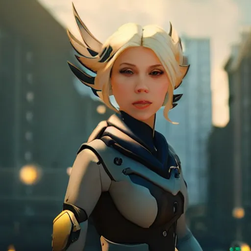 Image similar to film still of a beautiful young woman who looks like a mercy from overwatch in a movie by zack snyder, random background scene