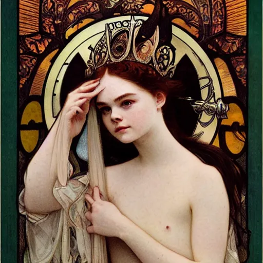 Image similar to elle fanning portrait by louis - theophile hingre and alphonse mucha, realistic, sharp focus, zodiac signs, tarot cards, planets, ethereal, art nouveau, magic, moon, sun, crown, dreamy, royal, jewellery