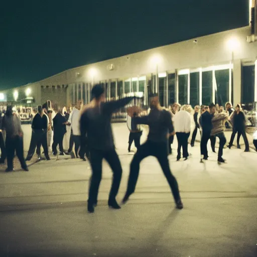 Prompt: a Pentax k1000 35mm photo of a bunch of men dancing in an empty parking lot at night