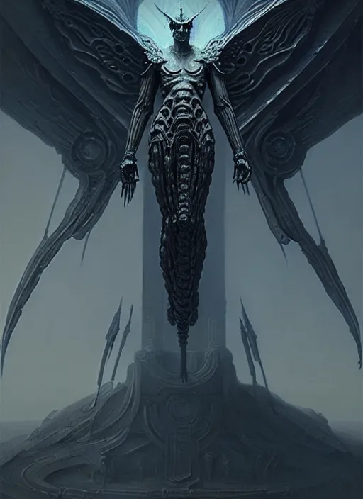 Image similar to rebulon the ancient arch angel - demon, by greg rutkowski and giger, masterpiece concept art, 8 k, intricate detail, cinematic lighting, epic pose, deep colors, majestic view