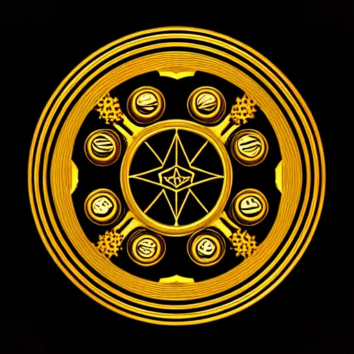 Image similar to intricate and detailed arcane symbol, circular, symmetrical, golden hues, black background, artstation, 4 k