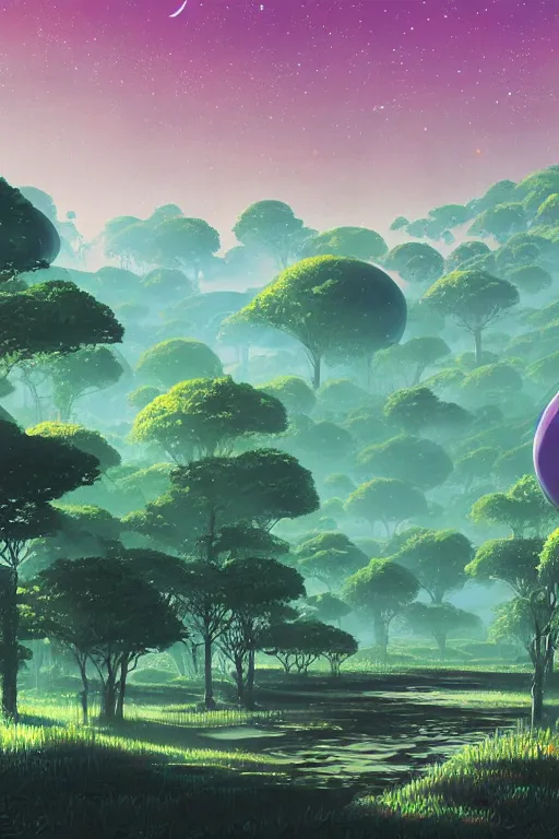 Image similar to concept art painting of an alien world with sentient forests, artgerm, moebius, inio asano, toon shading, cel shading, calm, tranquil, vaporwave colors,