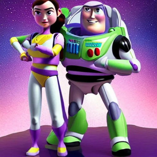 Image similar to buzz lightyear and rey skywalker holding hands