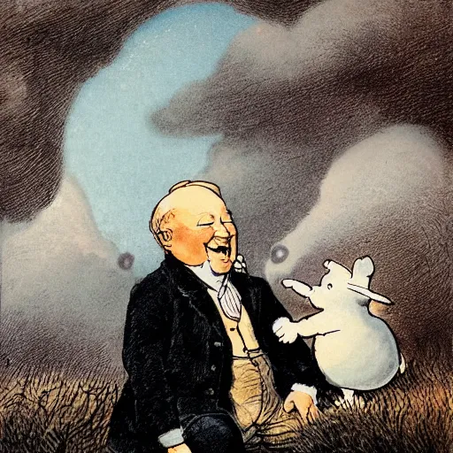 Prompt: candid portrait of white ball in the sky with man's face smiling eyes closed, surrounded by clouds, illustrated by peggy fortnum and beatrix potter and sir john tenniel