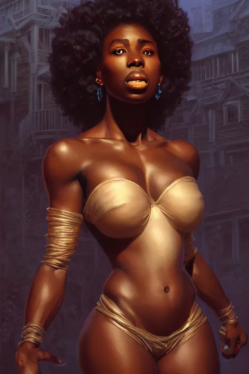 Image similar to clear portrait of a black attractive women, cottagecore!!, background hyper detailed, character concept, full body, dynamic pose, glowing lights!! intricate, elegant, highly detailed, digital painting, artstation, concept art, smooth, sharp focus, illustration, art by artgerm and greg rutkowski and alphonse mucha