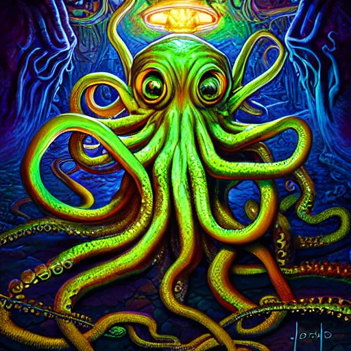 Image similar to Lovecraft Mythos Eldritch Octopus, 4D game fanart CGSociety by Dan Mumford, by Josephine Wall, Dan Witz and Lois van baarle, ilya kuvshinov, rossdraws global illumination, cosmic infused background