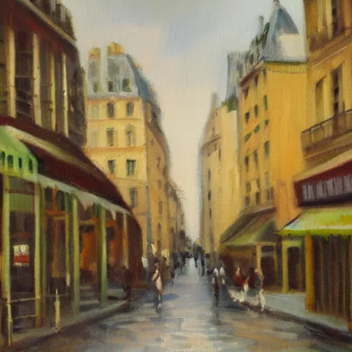 Prompt: old paris streetscape, oil painting, soft focus.