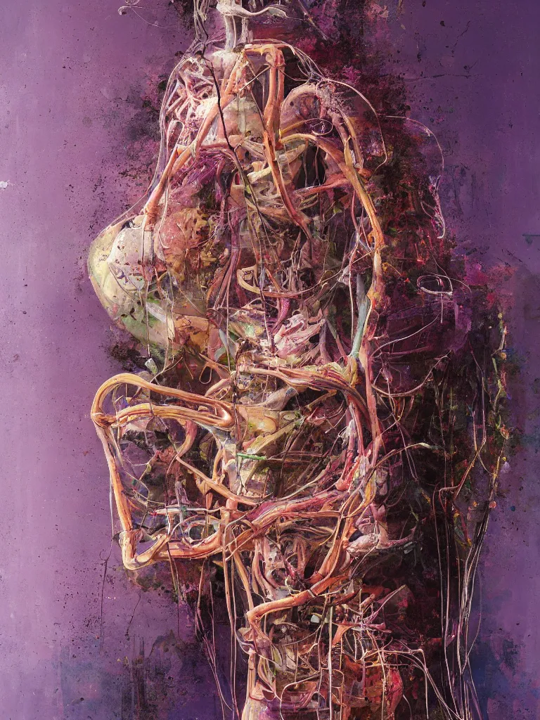 Image similar to a beautiful glitched painting by robert proch of an anatomy study of the human nervous system, color bleeding, pixel sorting, copper oxide and rust materials, brushstrokes by jeremy mann, cold top lighting, pastel purple background