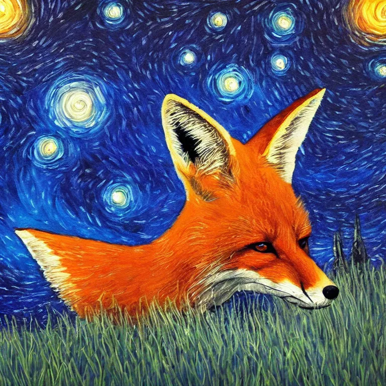 Image similar to a painting of a fox in the style of Starry Night, synthwave, highly detailed