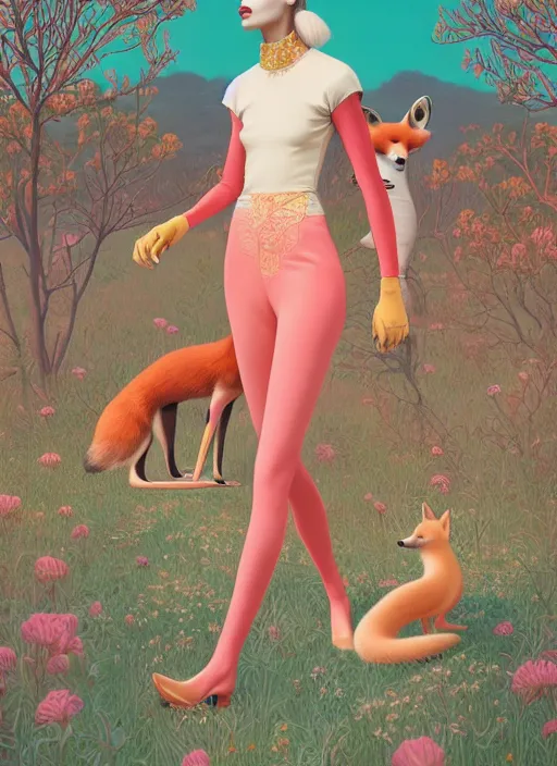 Image similar to pretty model with foxes : : by martine johanna and simon stalenhag and chie yoshii and casey weldon and wlop : : ornate, dynamic, particulate, rich colors, intricate, elegant, highly detailed, vogue, harper's bazaar art, fashion magazine, smooth, sharp focus, 8 k, octane render,