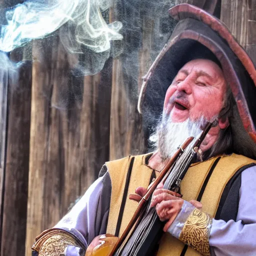 Image similar to a medieval bard singing in a wooden stage in the middle of an old wooden town with his hurdy - gurdy. smoke explosion around him. mid day light. medieval market fest.