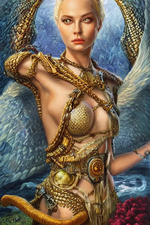 Image similar to Mystical Valkyrie, Portrait of a beautiful female Atlantean Reptilian Warrior, Realistic, Regal, Refined, Detailed Digital Art, Michael Cheval, Walt Disney (1937), François Boucher, Oil Painting, Steampunk, Highly Detailed, Cinematic Lighting, Unreal Engine, 8k, HD