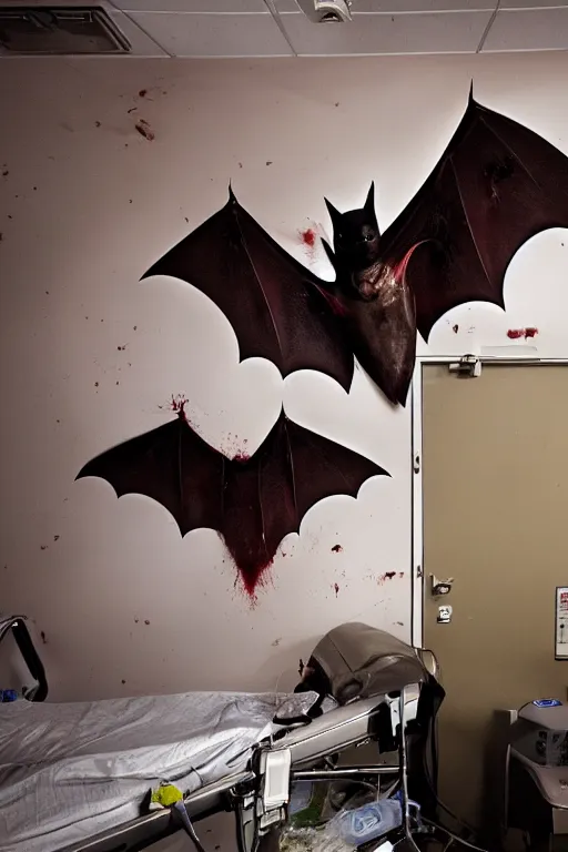 Prompt: A photo of bats flying in a hospital room, some blood on the walls and trash on the floor