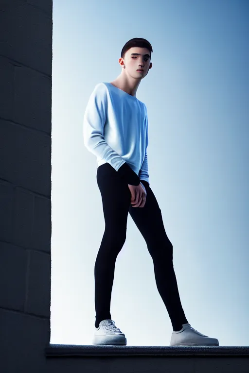 Image similar to un ultra high definition studio quality photographic art portrait of a young man standing on the rooftop of a british apartment building wearing soft baggy padded silver iridescent pearlescent clothing. three point light. extremely detailed. golden ratio, ray tracing, volumetric light, shallow depth of field. set dressed.