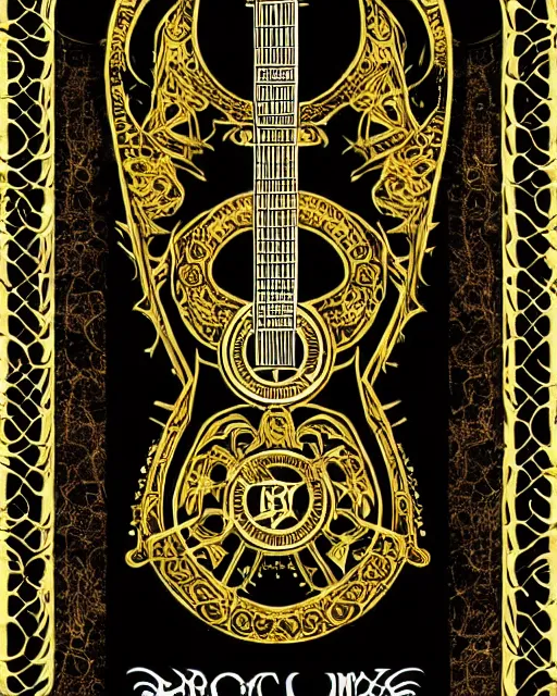 Image similar to demonic fractalpunk guitar concept illustration, rococo, celestial runes floating, symmetrical composition, spiral with golden ratio, gold and black paper, de - noise, ornate border, tarot card, 8 k