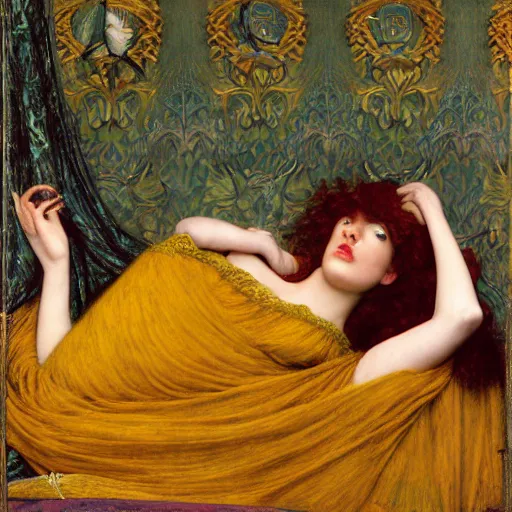 Prompt: preraphaelite photography reclining on bed, a hybrid of judy garland and a hybrid of lady gaga and lucy hale, aged 2 5, big brown fringe, wide shot, yellow ochre ornate medieval dress, john william waterhouse, kilian eng, rosetti, john everett millais, william holman hunt, william morris, 4 k