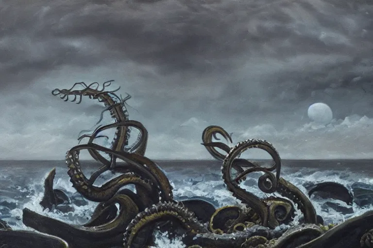 Prompt: a nightmarish oil painting of a kraken devouring the ancient home of the baby seals, dark ominous sky in the background, scary