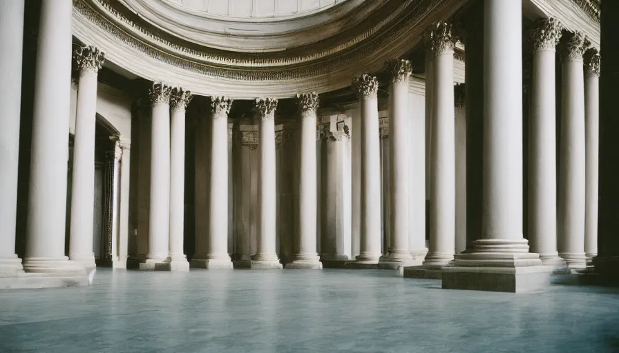 Prompt: a gigantic neoclassical spherical building with huge columns, cinestill 8 0 0 t, heavy grain, high quality, high detailed