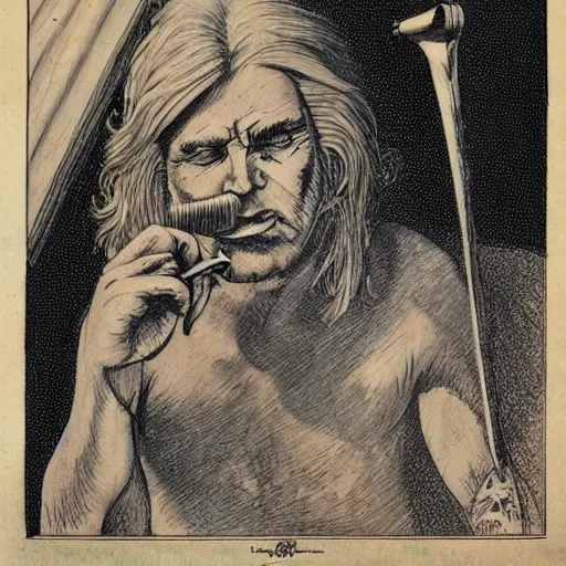 Image similar to highly detailed figure of a person with long white hair coming out from a smoking pipe, comic art, tattoo art, intricate, elegant.