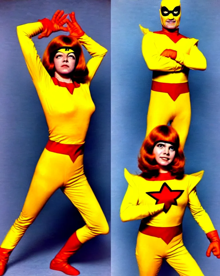 Image similar to new marvel superhero named captain marigold, not cropped, orange and yellow costume, 1 9 7 0 s photo