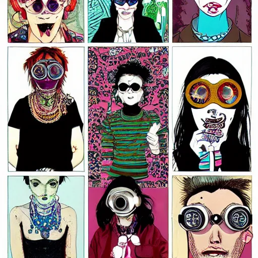 Image similar to a eccentric goth guy wearing goggles and eclectic jewelry, small details, aesthetic!!!, by harumi hironaka, by moebius, by geof darrow, by jamie hewlett,