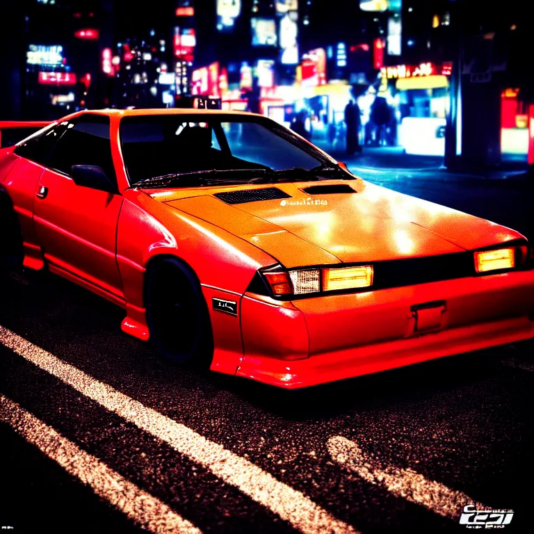 Prompt: close-up-photo Toyota Celica turbo illegal street meet, detailed-wheels, Shibuya Shibuya, cinematic colors, photorealistic, highly detailed, night photography