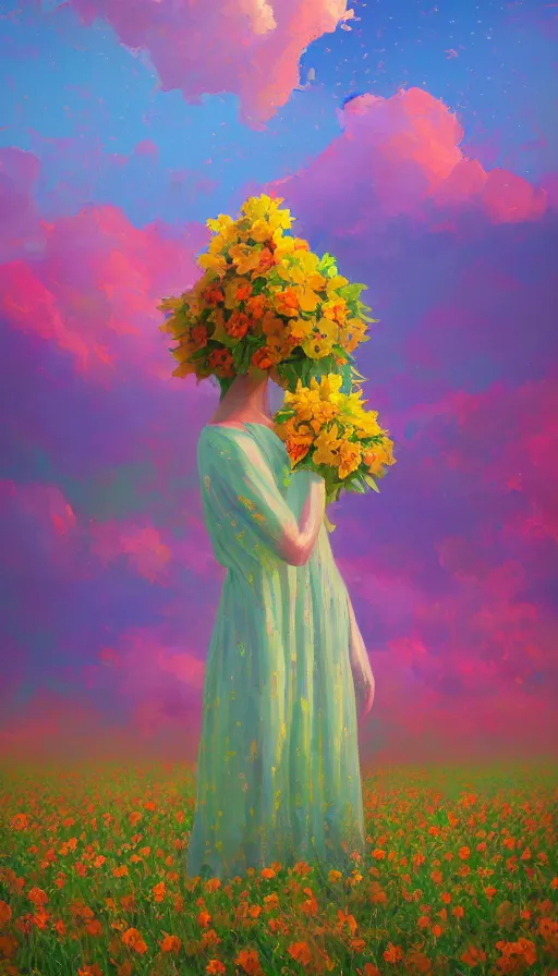 Image similar to girl with giant flower as a face and flower dress, standing in a flower field hills, big trees, sunrise dramatic light, impressionist painting, colorful clouds, digital painting, pointillism, artstation, simon stalenhag