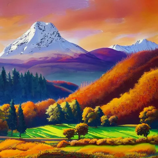 Prompt: autumnal scottish valley view with snowy mountains in the background and a deep blue sky by lisa frank and tyler edlin