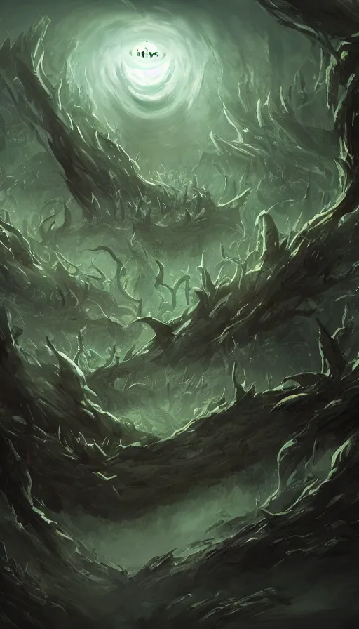 Image similar to a storm vortex made of many demonic eyes and teeth over a forest, by league of legends concept artists