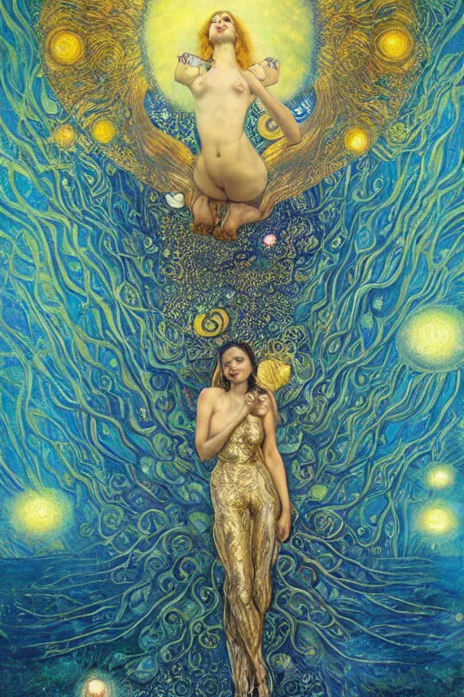 Image similar to Visions of Paradise by Karol Bak, Jean Deville, Gustav Klimt, and Vincent Van Gogh, visionary, otherworldly, dreamscape, radiant halo, fractal structures, infinite angelic wings, ornate gilded medieval icon, third eye, spirals, heavenly spiraling clouds with godrays, airy colors