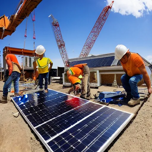 Image similar to Construction workers building the solar system. Extreme wide-angle shot