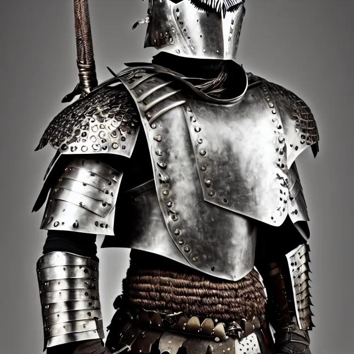 Prompt: full length portrait photograph of a warrior with metal owl armour Extremely detailed. 8k