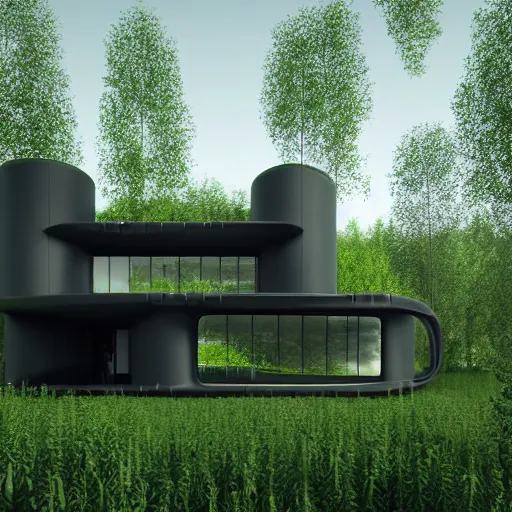 Prompt: futuristic black exterior, drone view, forest hotel, surrounded by massive willow trees and vines, white exterior facade, in full frame, exterior view, twisted house, 3 d printed canopy, clay, earth architecture, cavelike interiors, convoluted spaces, hyper realistic, photorealism, octane render, unreal engine, 4 k