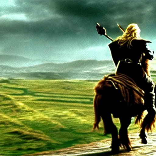 Image similar to still from lord of the rings showing the ride of the rohirrim, riding toward minas tirith on alpacas