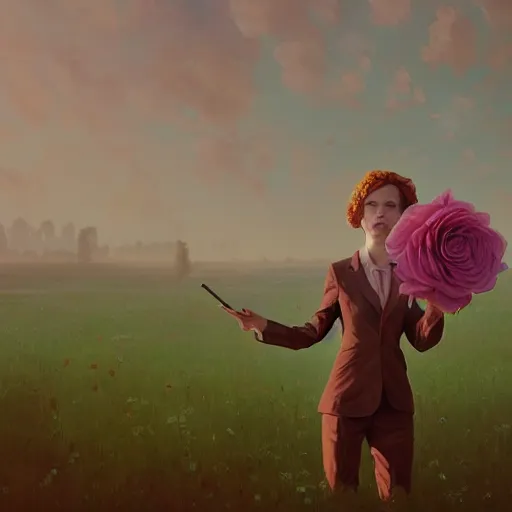 Image similar to giant rose flower head, frontal, girl in a suit, surreal photography, sunrise, dramatic light, impressionist painting, digital painting, artstation, simon stalenhag