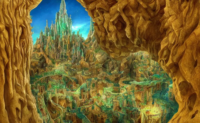 Prompt: a bottle based on heavenly city with lush walkways, beautiful bioarchitecture design by kedem pitsou, m. c. escher, gaudi sagrada familia, and bisti badlands, emerald gold and beksinski, highly detailed, bokeh, beautiful, artstation