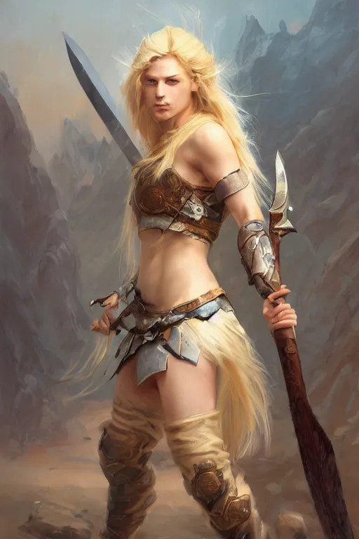 Image similar to ultra detailed powerful female viking, blond long hair, green eyes, axe un hand, battle ready, sharp bone structure, extremely detailed digital painting, in the style of fenghua zhong and ruan jia and jeremy lipking and peter mohrbacher, mystical colors, rim light, beautiful lighting, 8 k, stunning scene, raytracing, octane, trending on artstation