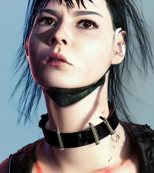 Image similar to detailed realistic female character cyberpunk wearing thick steel collar around neck, realistic, art, beautiful, 4K, collar, choker, collar around neck, punk, artstation, detailed, female, woman, choker, cyberpunk, neon, punk, collar, choker, collar around neck, thick collar, tight around neck, punk, headshot, detailed,