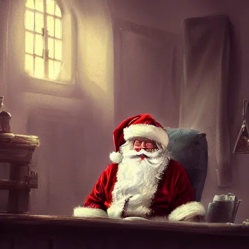 Prompt: depressed santa claus sitting in his workshop crying. dimly lit. dark. with a large muscular white fluffy cat 4 k rtx hdr volume light concept studio matte painting environement digital illustration style artstation artur tarnowski, mihai muscan, marcin tomalak, marta leydy,