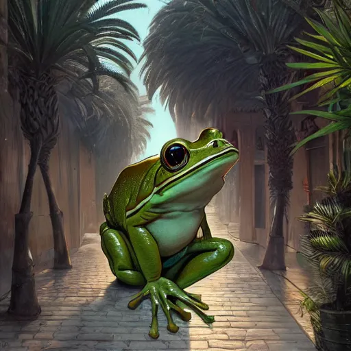 Image similar to frog travels through marrakech streets, palm trees, highly detailed, digital painting, artstation, concept art, smooth, sharp focus, illustration, art by artgerm and greg rutkowski and alphonse mucha