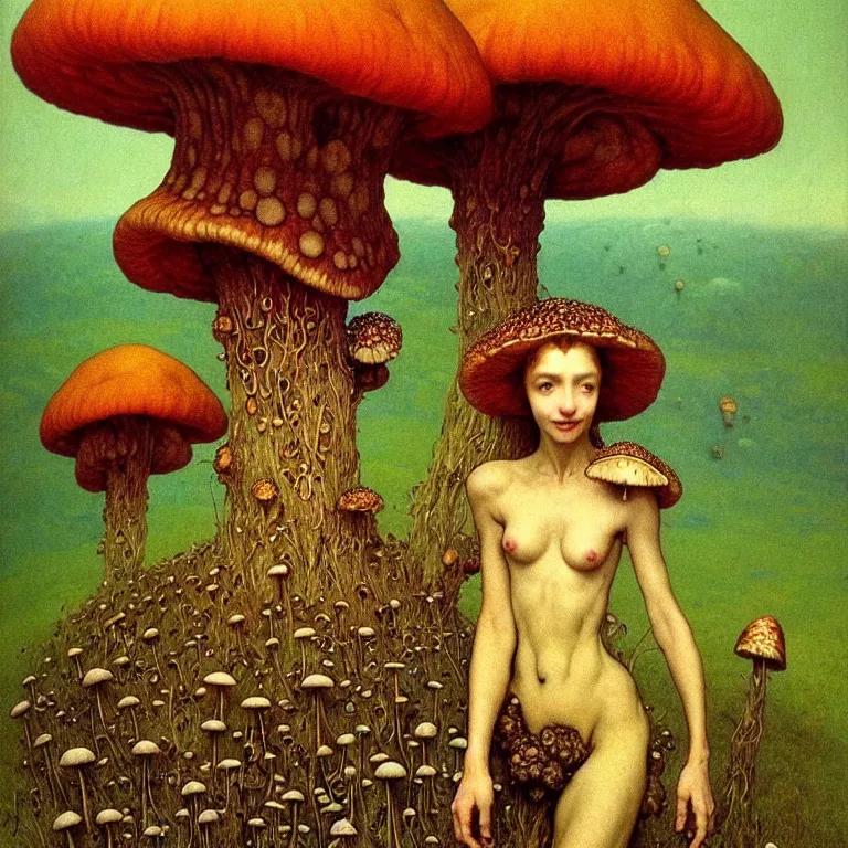 Image similar to A funguswoman stands among the mushroom hills. Wearing a fungus and mushroom. Perfect faces, extremely high details, detailed, realistic, fantasy art, solo, masterpiece, art by Zdzisław Beksiński, Arthur Rackham, Dariusz Zawadzki, Edward Robert Hughes, Eugene de Blaas, Frederic Leighton