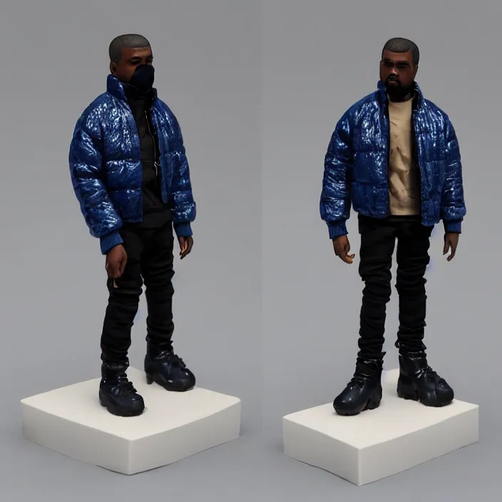 Image similar to a goodsmile figure of kanye west using full face - covering mask with small holes. a small, tight, undersized reflective bright blue round puffer jacket made of nylon. a black shirt underneath. dark jeans pants. a pair of big black rubber boots, figurine, detailed product photo