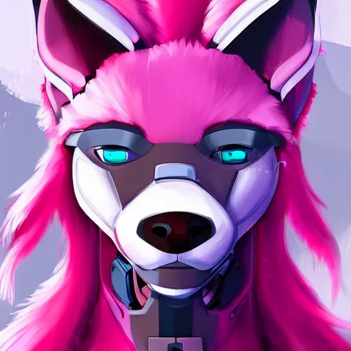 Image similar to digital art artstation, pixiv, portrait of a robotic fox with cybernetic body with pink hair, character fursona furry, furaffinity