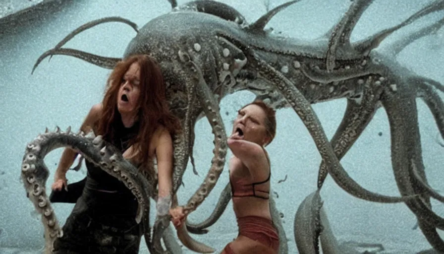 Image similar to Big budget horror movie, a woman watches in horror as a cyborg fights a giant squid