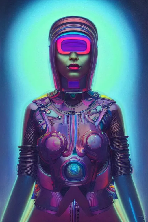 Image similar to patron saint of 🛸🌈👩🏾, futuristic clothing, neon god of city character portrait, in the style of moebius, tom bagshaw, and waterhouse, cinematic lighting, beautiful, elegant, oil painting,