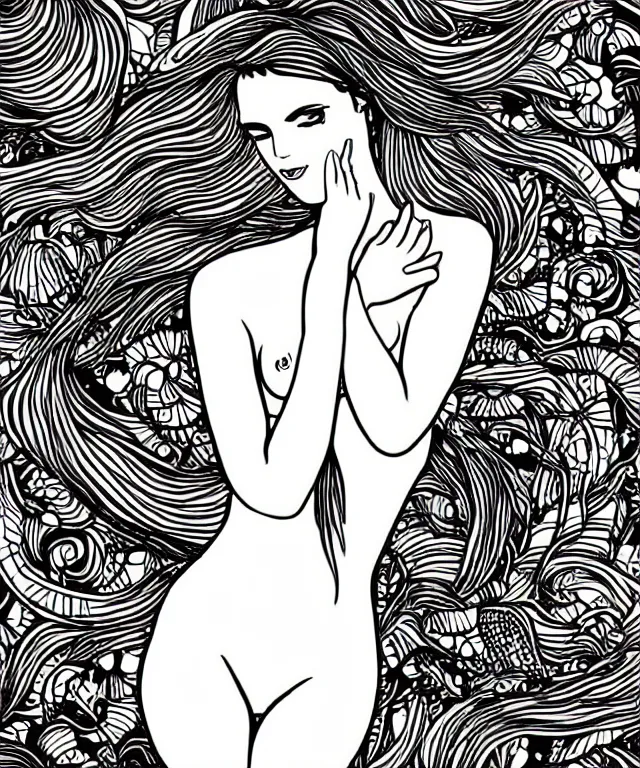 Image similar to black and white illustration, creative design, beautiful mermaid, full body, bikini top fish tail