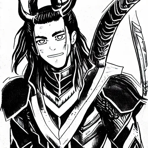 Prompt: Detailed manga full body portrait of Loki